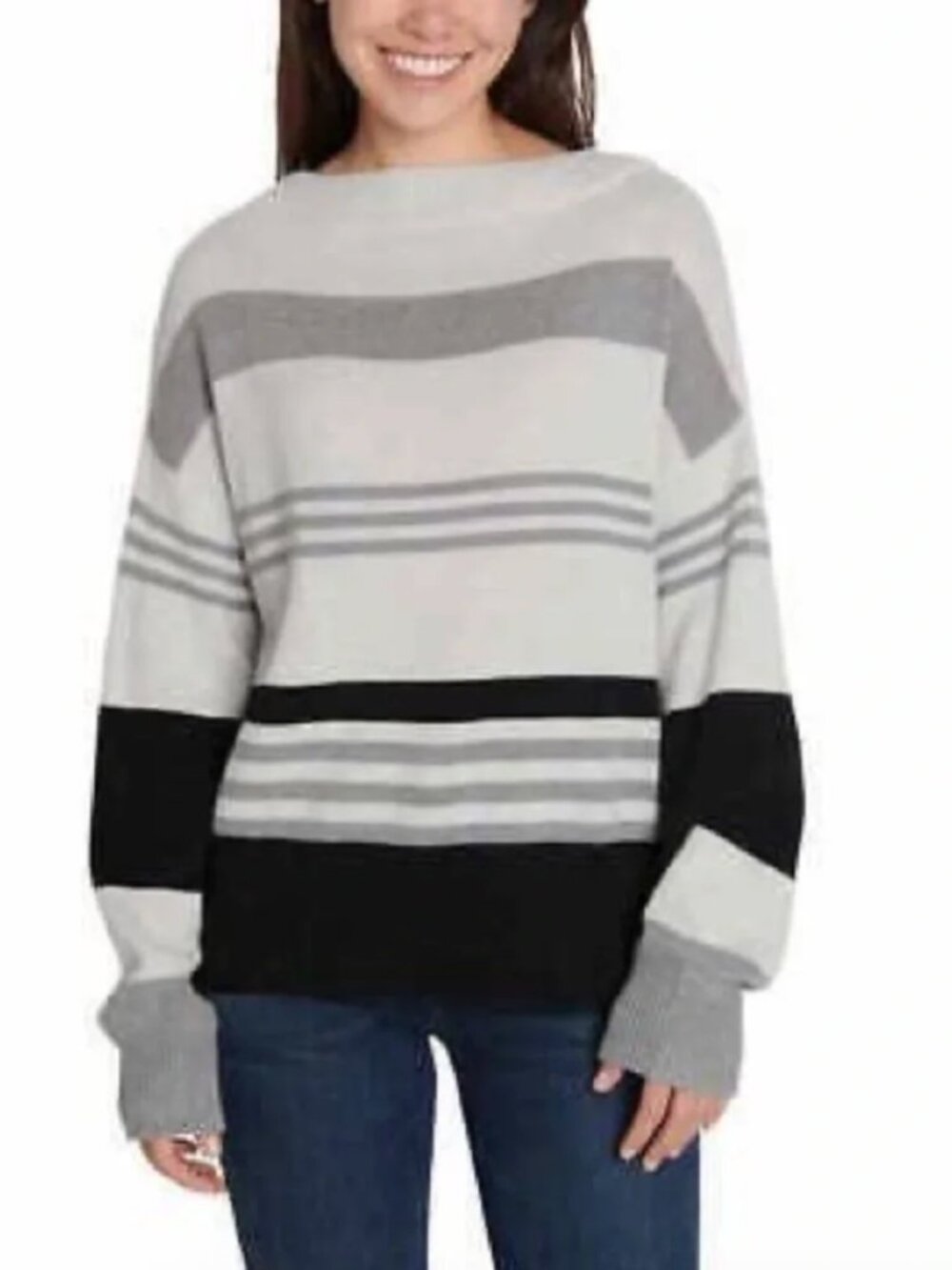 Lucky Brand Grey and Black Boxy Striped Sweater XXL - Picture 1 of 6